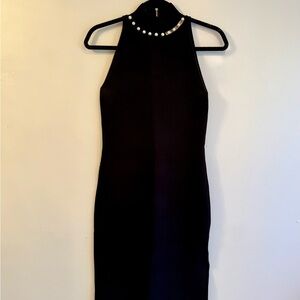 Camila Coelho Black Midi Dress with Pearl Accents